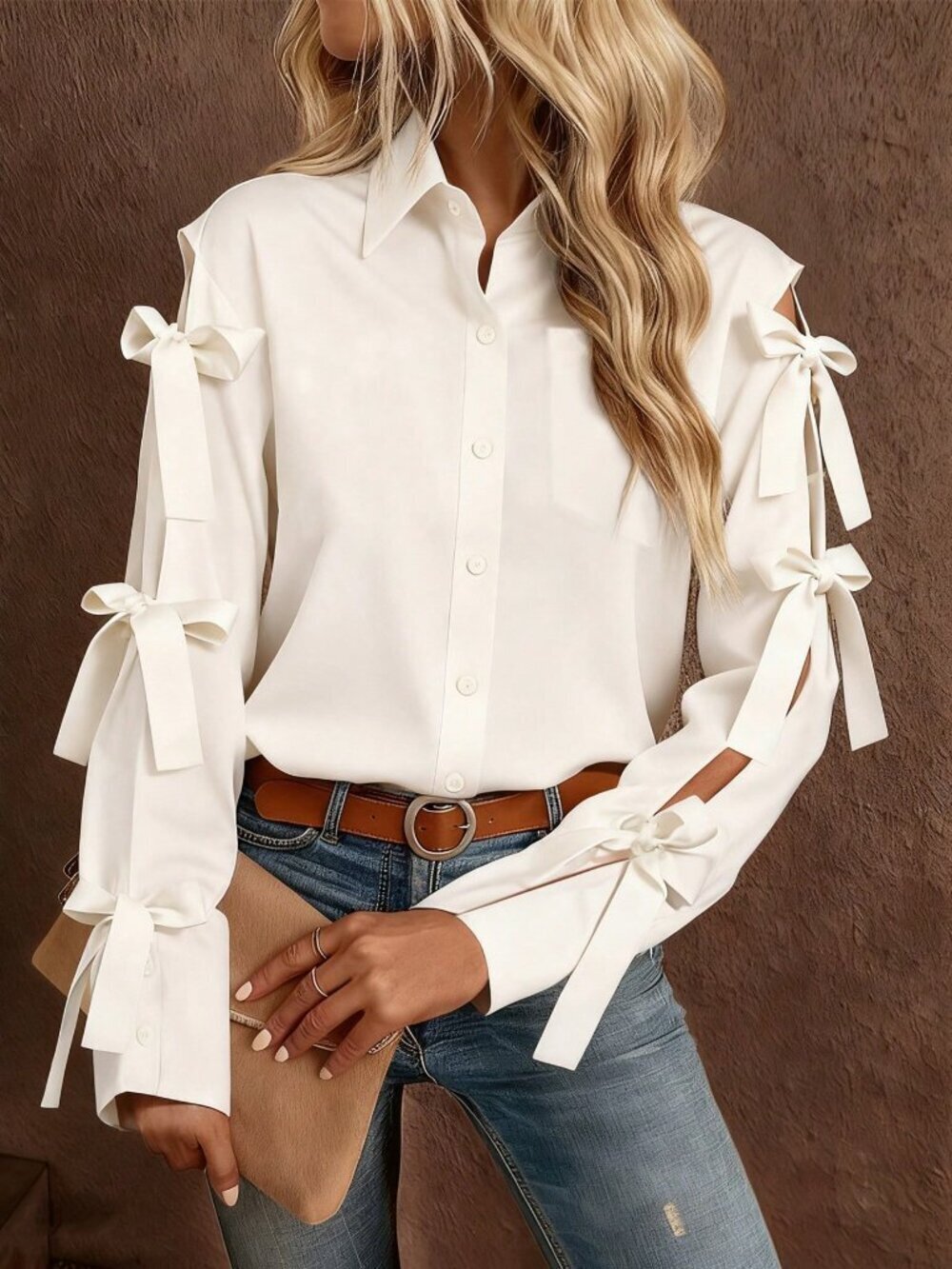 White Casual Women's Bow Decor Long Sleeve Single-Breasted Shirt